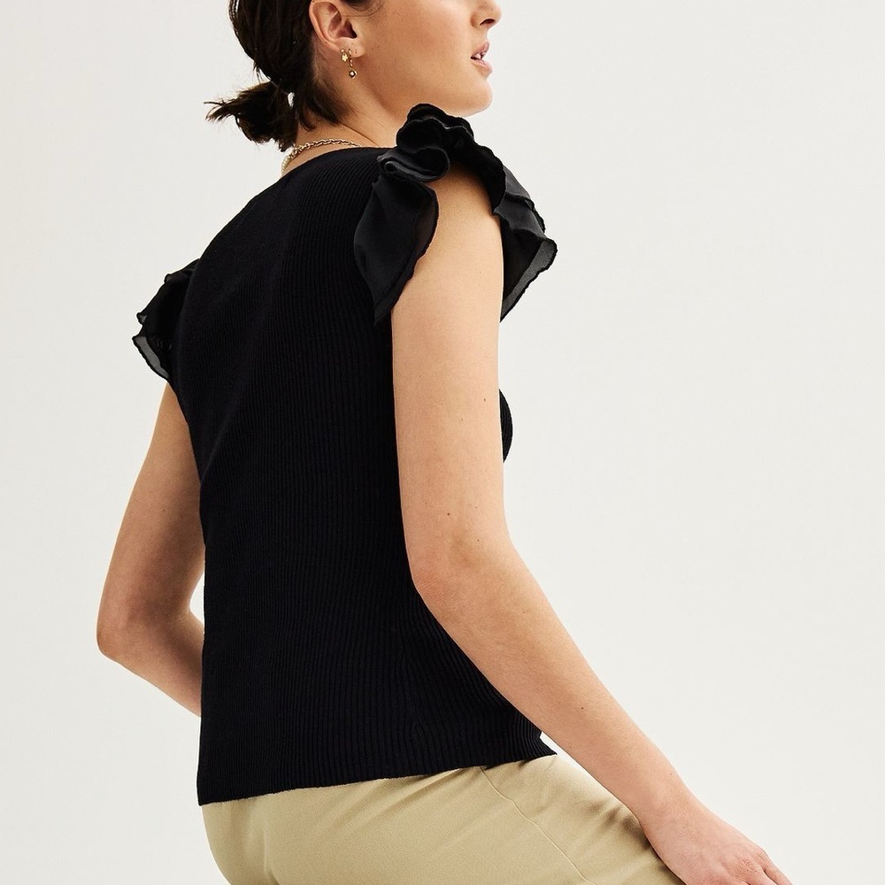 Philosophy Black Layered Flutter Sleeve Woven Rib Scoop Neck Top Size Large - Picture 3 of 14